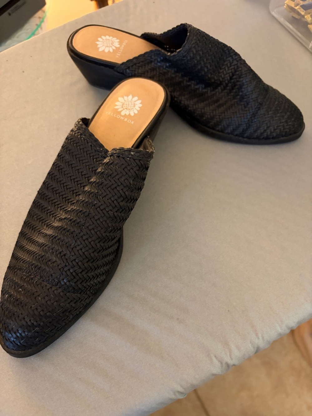 Yellow Box NNT woven mule slip in size 8 new. 1 1/2 “ heel .Lenten. Black.